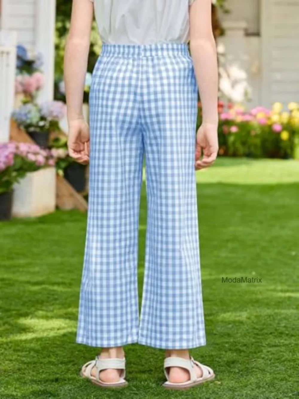 Girls Gingham Cotton Blend Pants Elastic High Waist Casual